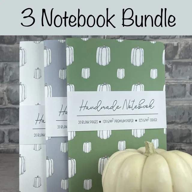 Handmade Saddle Bound Notebook Bundle White Pumpkins Pattern