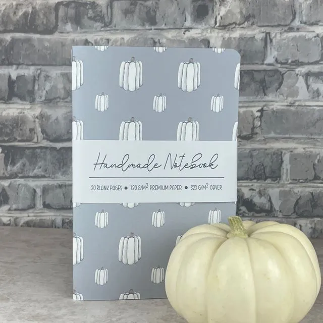 Handmade Saddle Bound Notebook - White Pumpkins Pattern - A5 - Light Blue Cover