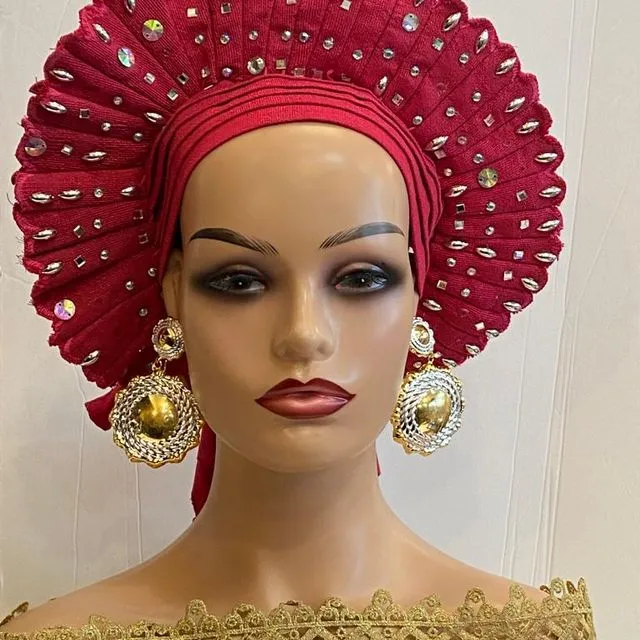 African Head Wraps Auto Gele Nigerian African Women Fashion Wedding Headwear Plain Handmade Muslim Turban Bonnet - Red