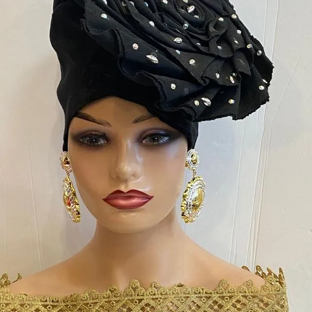 African Head Wraps Auto Gele Nigerian African Women Fashion Wedding Headwear Plain Handmade Muslim Turban Bonnet - Black