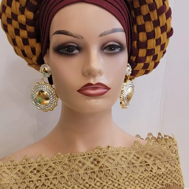 Auto Gele Nigerian African Head Wraps African Women Fashion Wedding Headwear Plain Handmade Muslim Turban Bonnet - Yellow Maroon