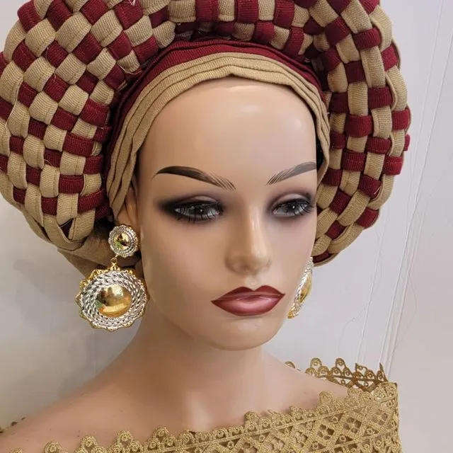 Auto Gele Nigerian African Head Wraps African Women Fashion Wedding Headwear Plain Handmade Muslim Turban Bonnet - Skin Red