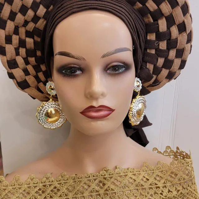 Auto Gele Nigerian African Head Wraps African Women Fashion Wedding Headwear Plain Handmade Muslim Turban Bonnet - Skin Brown
