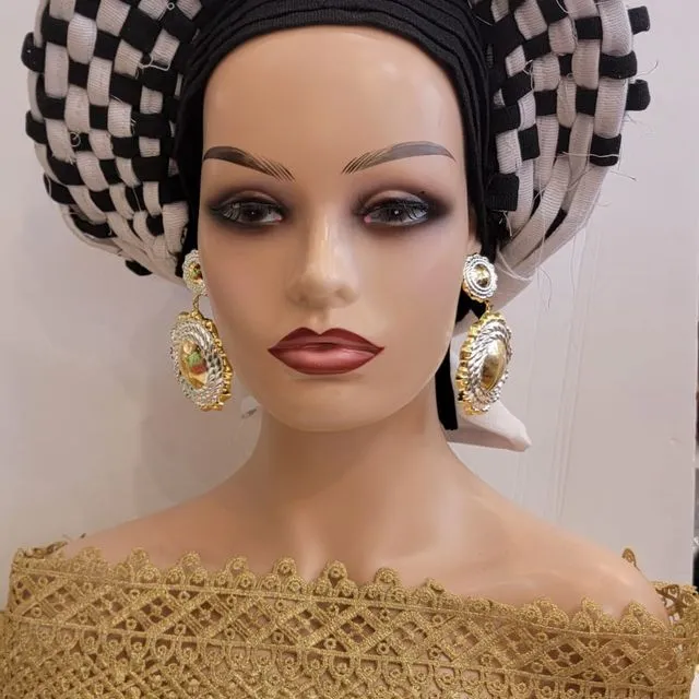 Auto Gele Nigerian African Head Wraps African Women Fashion Wedding Headwear Plain Handmade Muslim Turban Bonnet - White Black