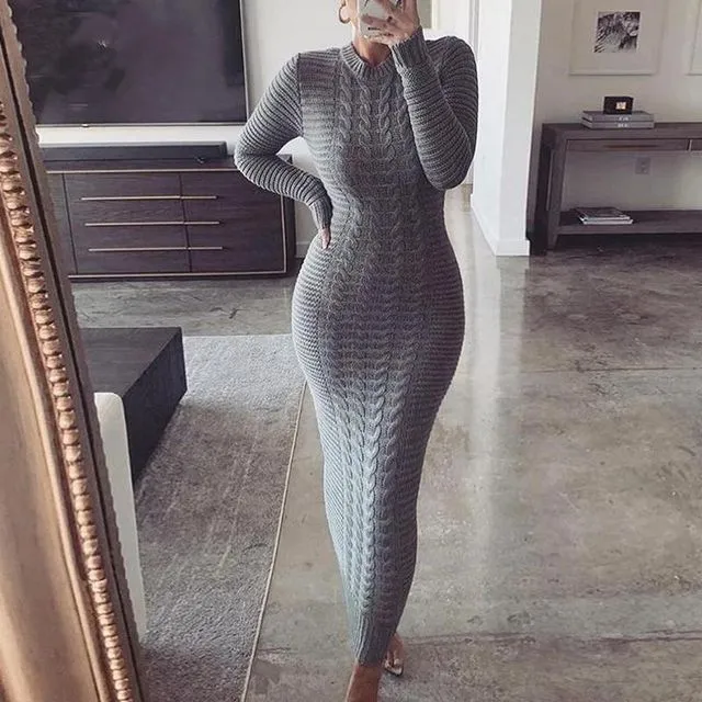 Long Sleeves Knitted Sweater Maxi Dress-GREY