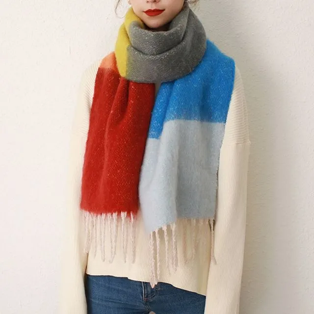 Thick Color Block Tassel Scarf-COLOR B