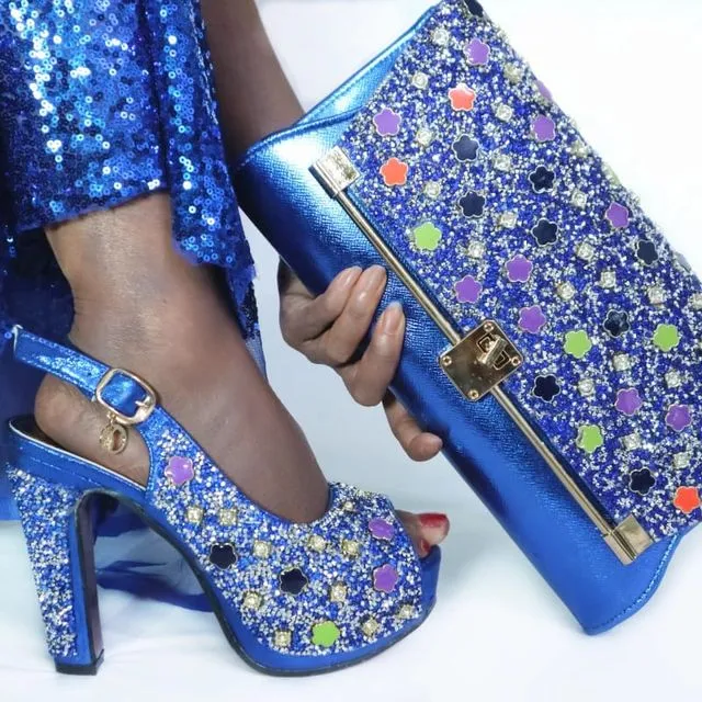 African Women High Heel Platform Dress Rhinestones Peep Toe Pump Shoes shoe with handbags set - Blue