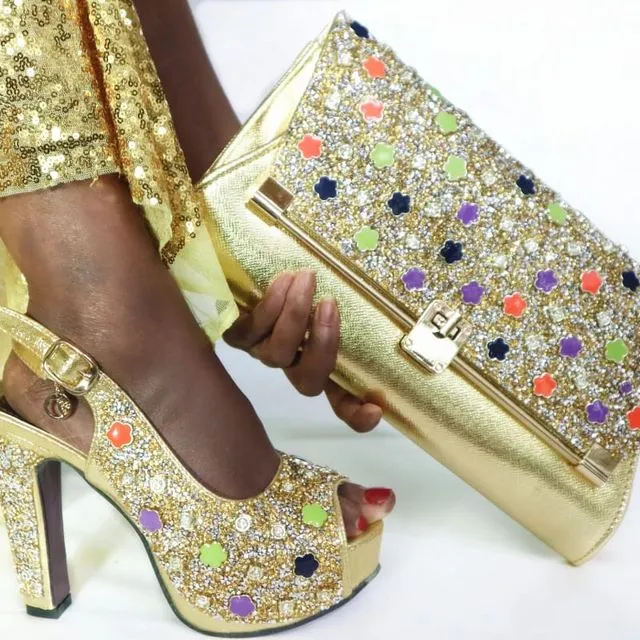 African Women High Heel Platform Dress Rhinestones Peep Toe Pump Shoes shoe with handbags set - Skin