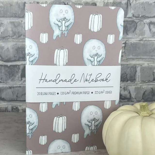 Handmade Saddle Bound Notebook- White Pumpkins & Ghosts Pattern - A5 ish - Mauve Cover