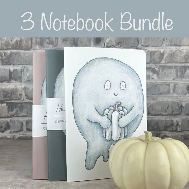 Handmade Saddle Bound 3 Notebook Bundle White Pumpkins & Ghosts