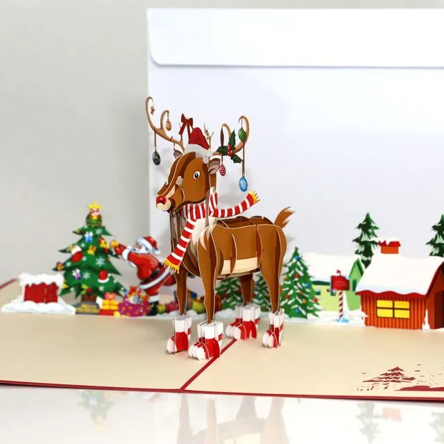 Rudolph Reindeer holiday card. Pop-up Christmas card 6X8"