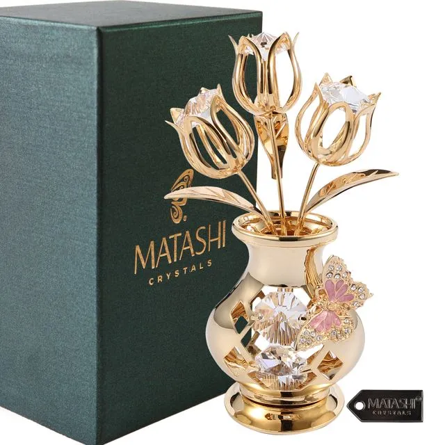 24K Gold Plated Crystal Studded Flower Ornament in a Vase with Decorative Butterfly by Matashi (Clear Crystals)