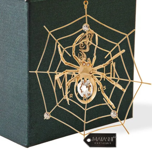 24K Gold Plated Crystal Studded Spider on Spider Web Ornament by Matashi