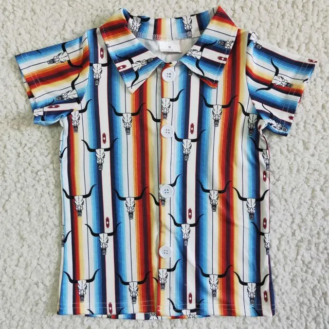 Boy Cow Head Color Striped Button Short Sleeve Summer T-shirt