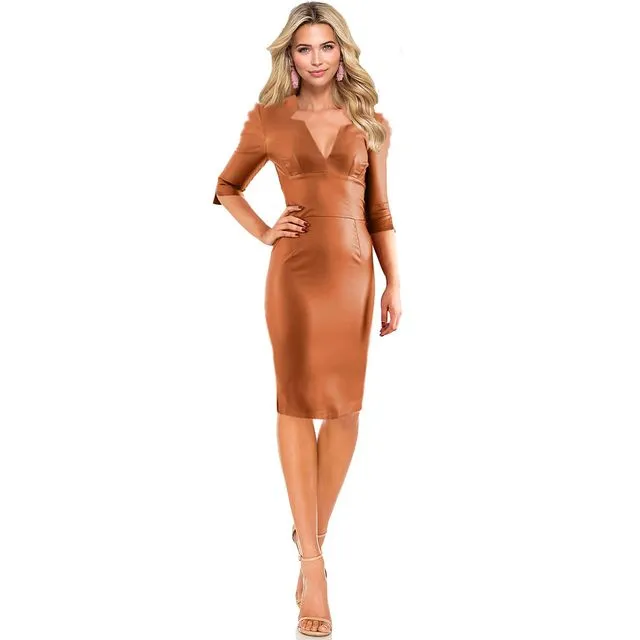 Pencildress, LAWRA, 3/4 sleeves, exclusive faux leather, knee length, cognac, sizes XS-XXL
