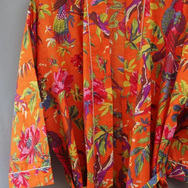 Cotton Kimono Dressing Gown Robe- Orange Bird