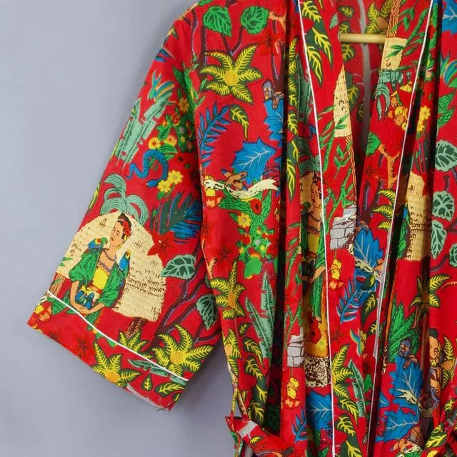 Cotton Kimono Dressing Gown Robe- Red Frida