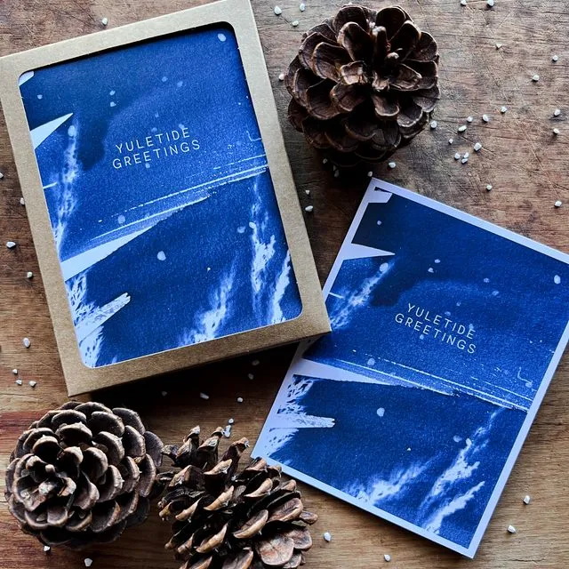 “Yuletide Greetings” Box Set of 10 Cyanotype Holiday Greeting Cards, Blank Inside, A2 Folded Size
