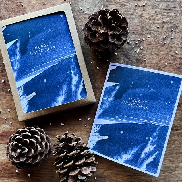 “Merry Christmas” Box Set of 10 Cyanotype Holiday Greeting Cards, Blank Inside, A2 Folded Size