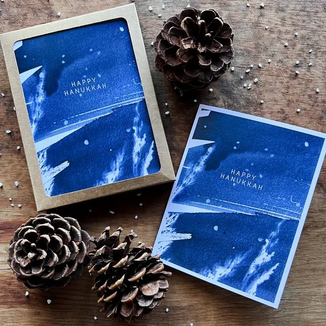 “Happy Hanukkah” Box Set of 10 Cyanotype Holiday Greeting Cards, Blank Inside, A2 Folded Size