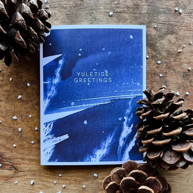 “Yuletide Greetings” Cyanotype Holiday Greeting Card Single, Blank Inside, A2 Folded Size