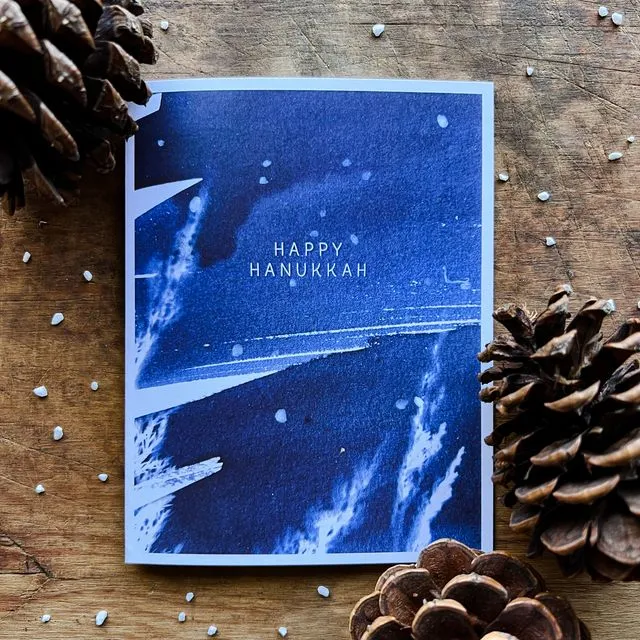 “Happy Hanukkah” Cyanotype Holiday Greeting Card Single, Blank Inside, A2 Folded Size