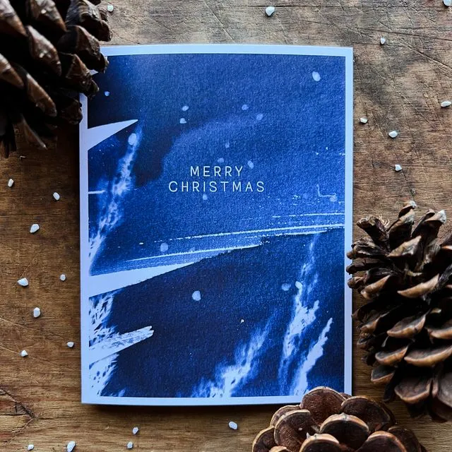 “Merry Christmas” Cyanotype Holiday Greeting Card Single, Blank Inside, A2 Folded Size