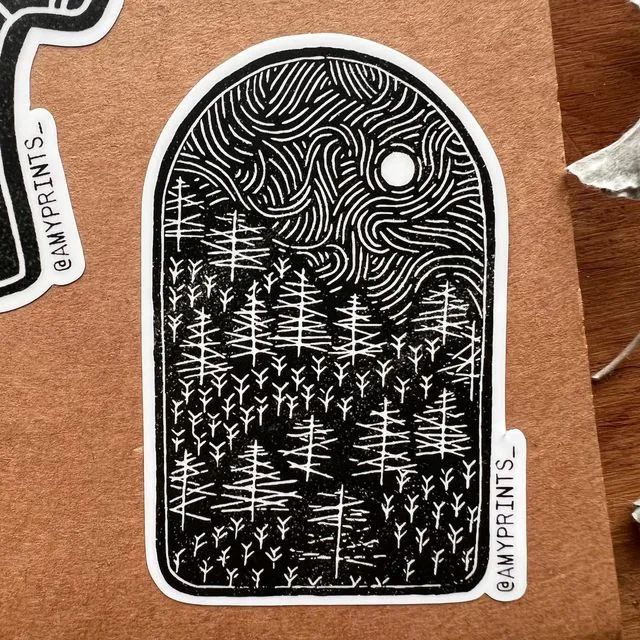“Pine Wandering” 3 Inch Sticker | Linocut Block Print Eco-Friendly Sticker