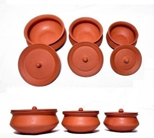 Clay | Biryani pot 3pc set with cover Unglazed Terracotta Cookware, Earthen Casserole Dish for Cooking and serving Small, Medium, Large Size