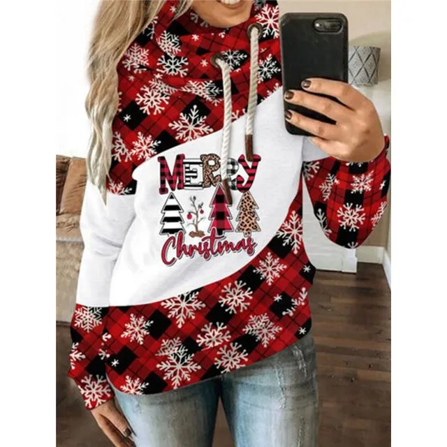 Christmas Loose Print Contrast Color Fleece Hooded Casual Sweater-Christmas Three Trees