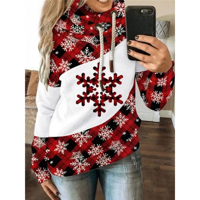 Christmas Loose Print Contrast Color Fleece Hooded Casual Sweater-Christmas Snowflakes