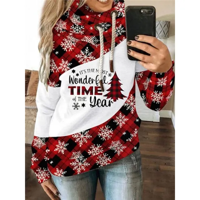 Christmas Loose Print Contrast Color Fleece Hooded Casual Sweater-Christmas One Tree