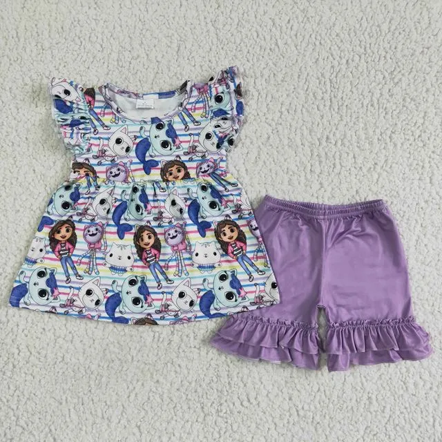 Purple Flutter Sleeve Shirt Lavender Shorts Girls Outfit