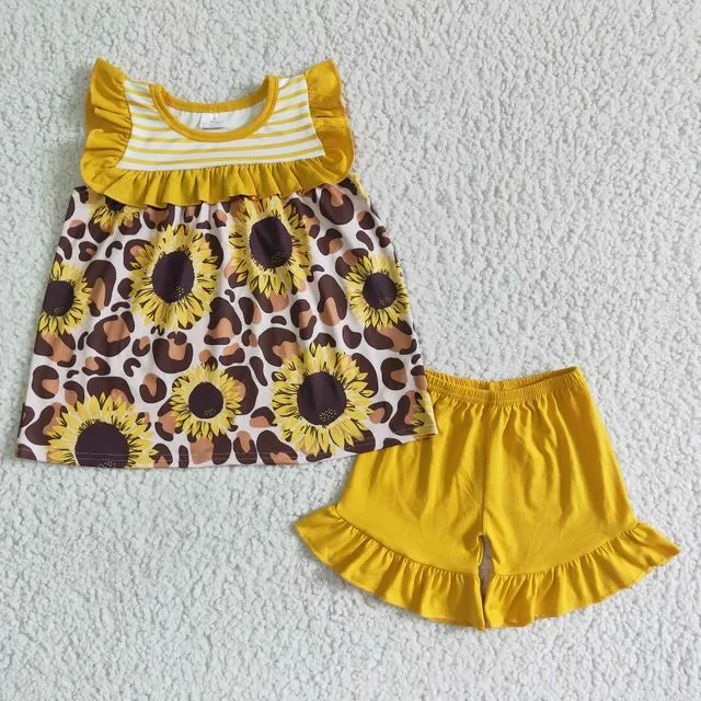 Summer Baby Girl Cute Yellow Sunflower Leopard Print Shorts Outfit