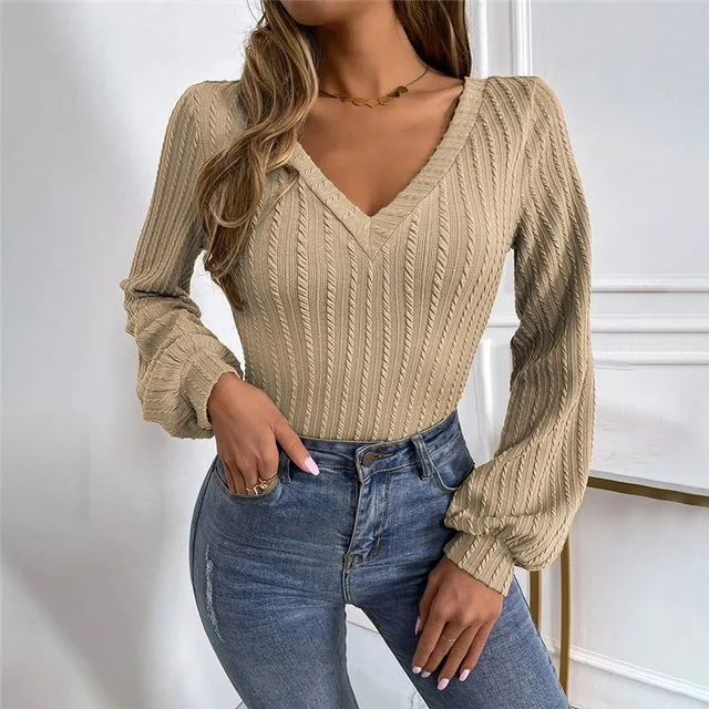 Solid Color V-Neck Slim Fit Knitted Long Sleeves T-Shirt-KHAKI