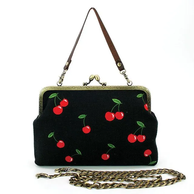 Cherry Kiss Lock Bag in Linen Blend Fabric - BLACK