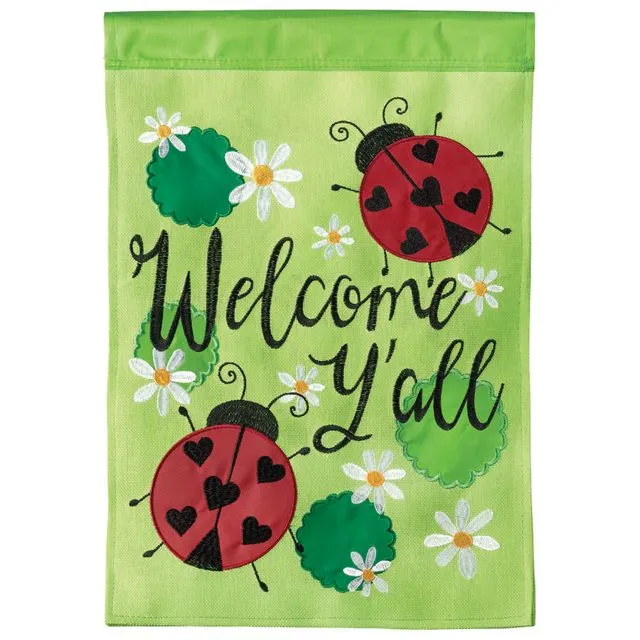 M011080 Ladybug Welcome Y'all Burlap Garden Flag 13"x18"H