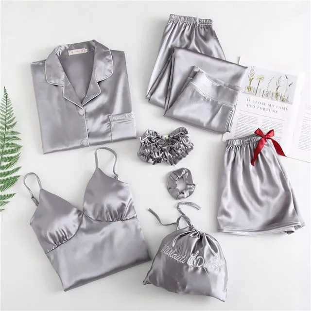 NATOREAL 7-piece silk pyjama set（Silver）