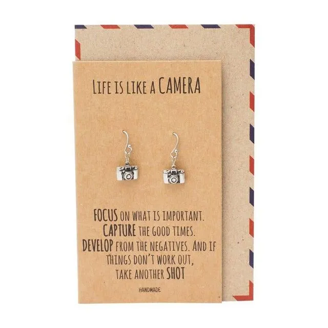 Sheena Mini Camera Engraved Earrings for Women, Photography Gift, Selfie Lover, Inspirational Quote