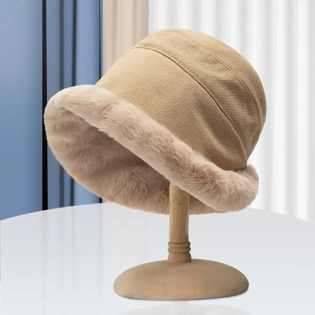 Wool Lining Wide Brimmed Bucket Hat-KHAKI