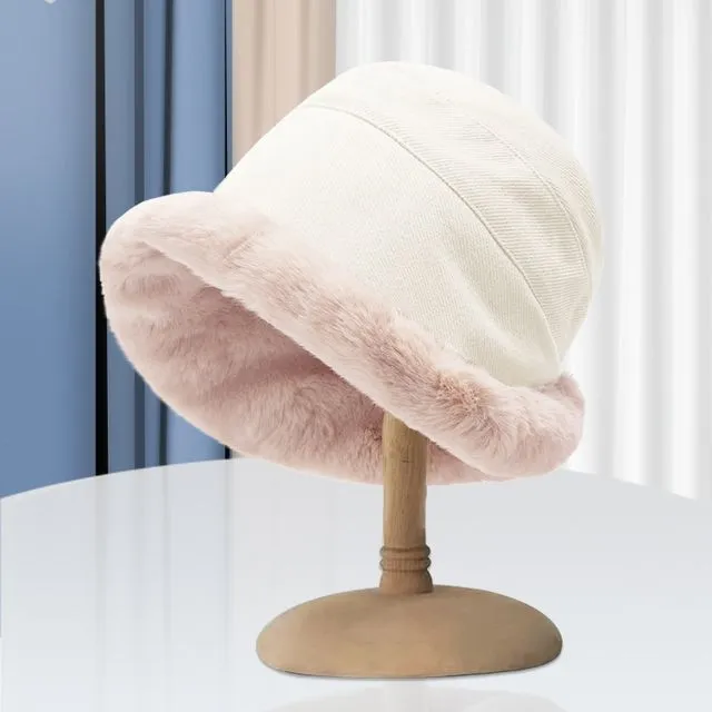 Wool Lining Wide Brimmed Bucket Hat-WHITE