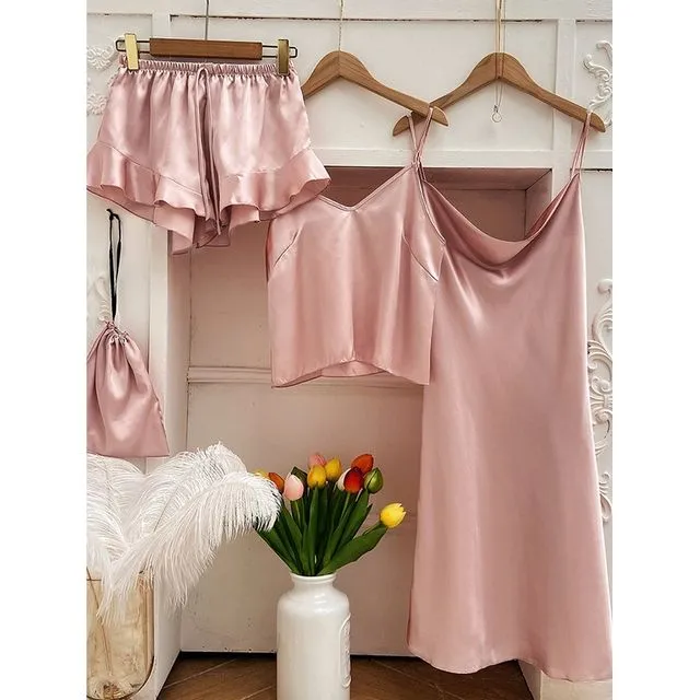 Silky Camisole Dress 4-Piece Pajama Set-LOTUS PINK