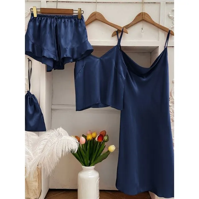 Silky Camisole Dress 4-Piece Pajama Set-NAVY
