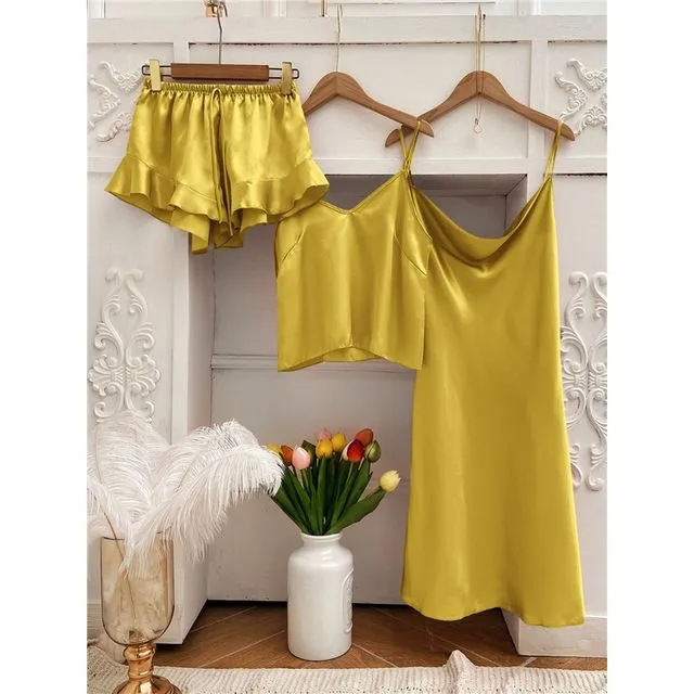 Silky Camisole Dress 4-Piece Pajama Set-YELLOW