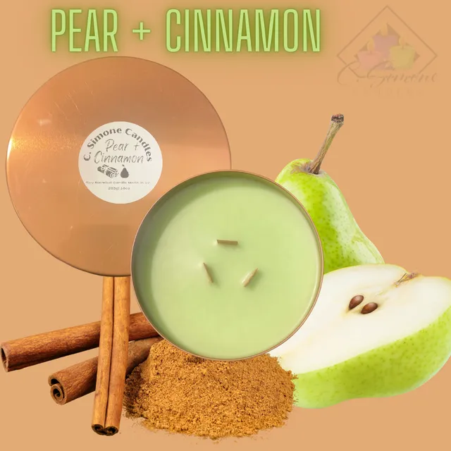 12Pk - 12 oz Pear + Cinnamon Tin Candles w/ 3 Wooden Wicks