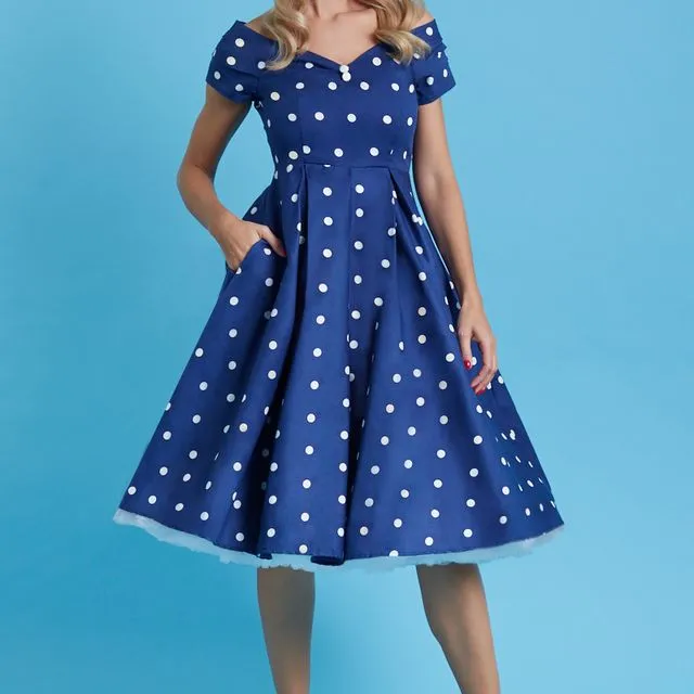 V873-NaWhPolk 1950s Inspired Off The Shoulder Polka Dot Evening Dress Navy Blue & White