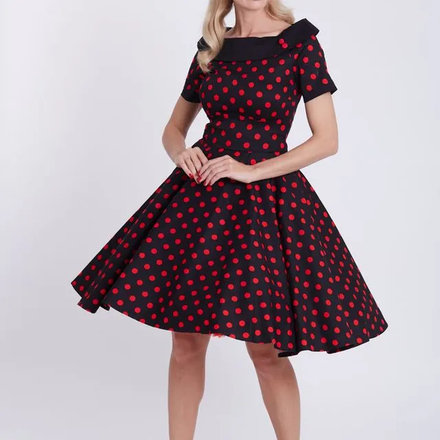 Authentic Retro Style Swing Dress Black &amp; Red Polka Dot
