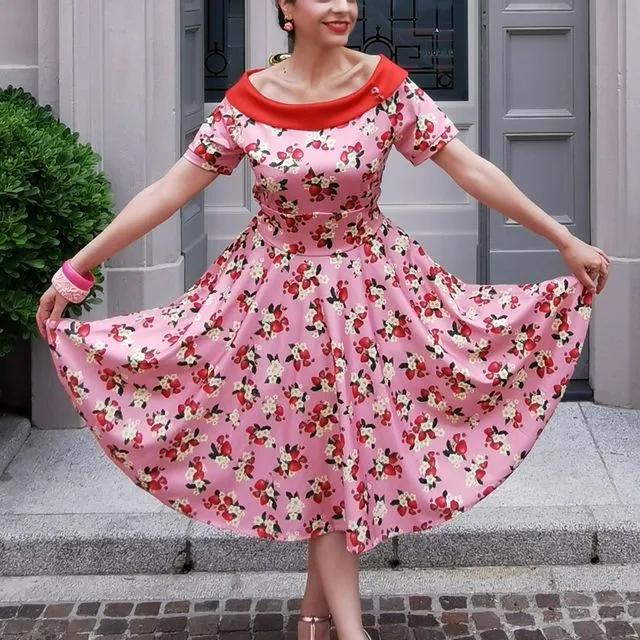 V333-PnkStraw Darlene Pink Strawberry Flared Dress