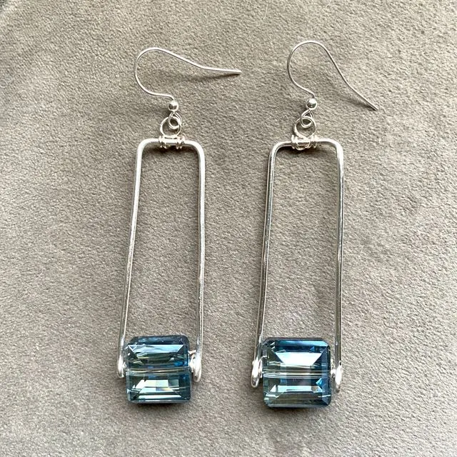 Blue Crystal Silver Earrings Rectangle Drop Dangle