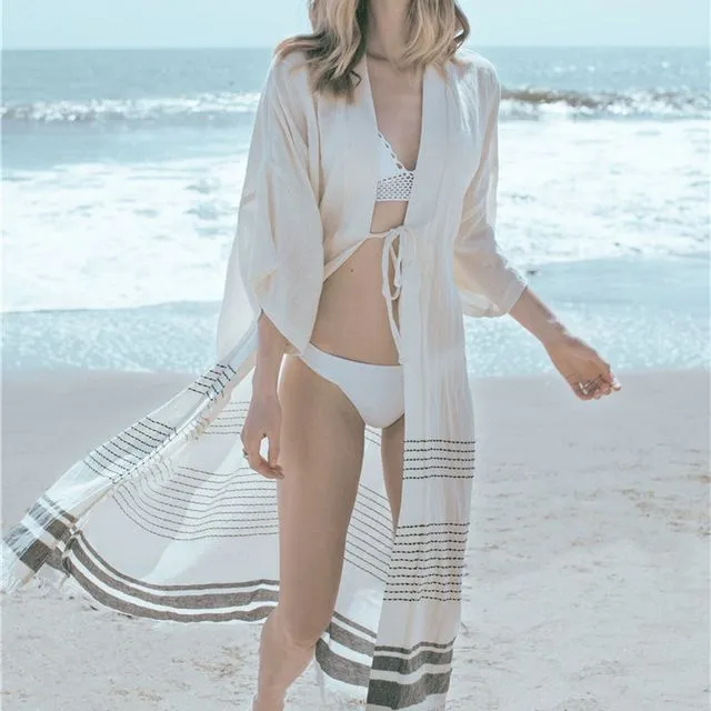 Long Sleeves Loose Striped Cover-Up